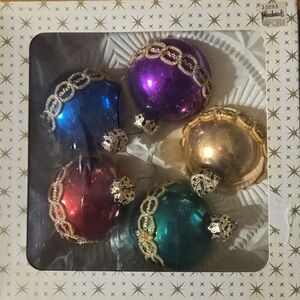 West Germany Glass Christmas Ornaments Set 5 Mid Century MCM Bold Gold Tinsel